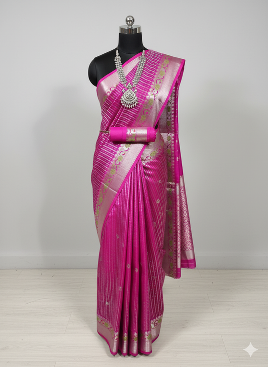 Dazzling Hot Pink Saree with All-Over Zari Stripes and Silver/Gold Contrast Border