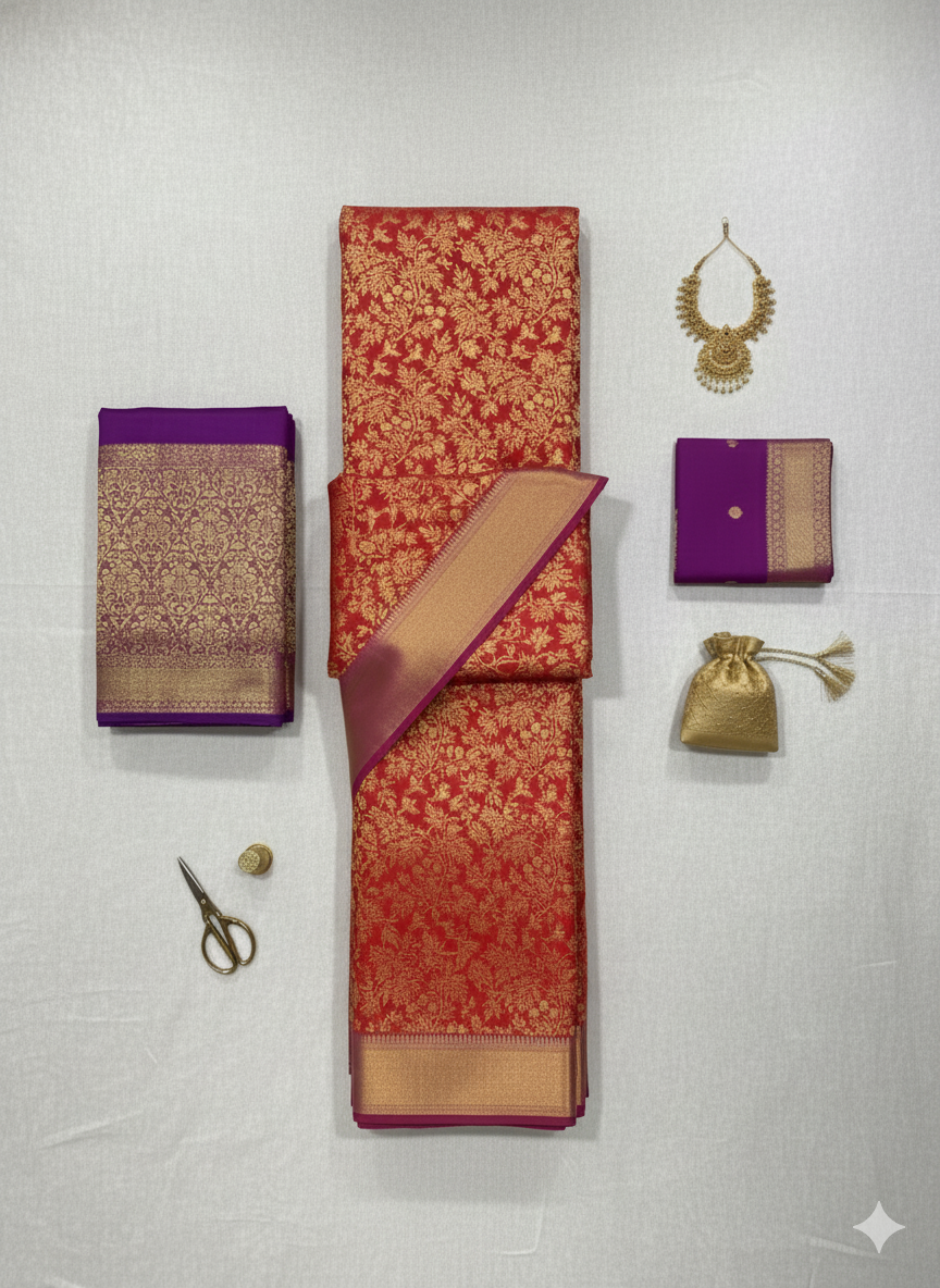 Magnificent Bridal Red Silk Saree with All-Over Gold Zari and Regal Purple Contrast