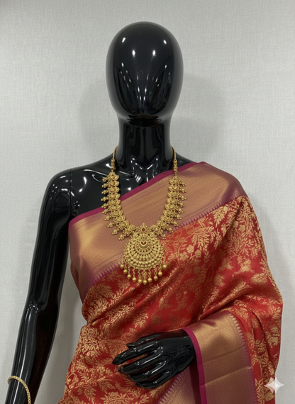 Magnificent Bridal Red Silk Saree with All-Over Gold Zari and Regal Purple Contrast