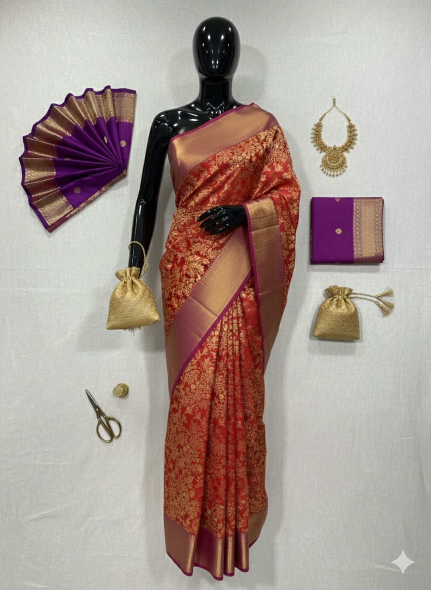 Magnificent Bridal Red Silk Saree with All-Over Gold Zari and Regal Purple Contrast