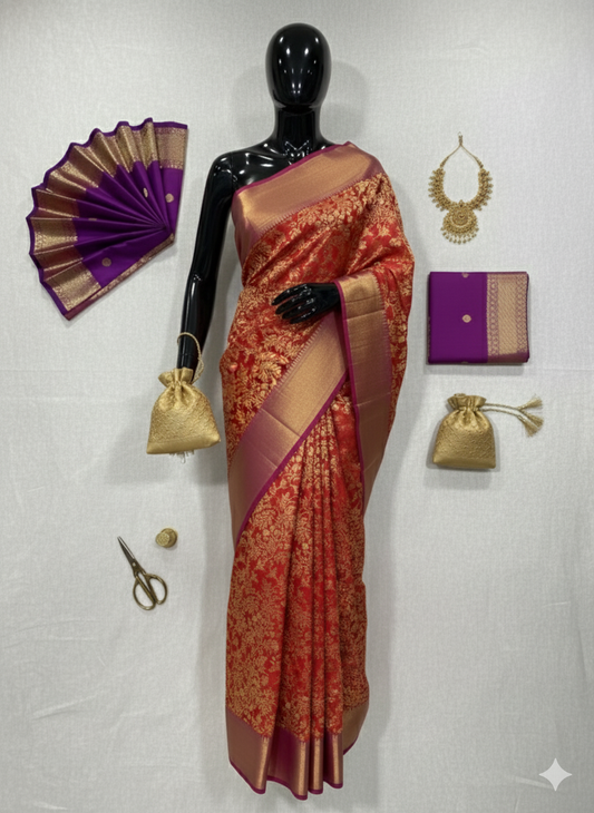 Magnificent Bridal Red Silk Saree with All-Over Gold Zari and Regal Purple Contrast