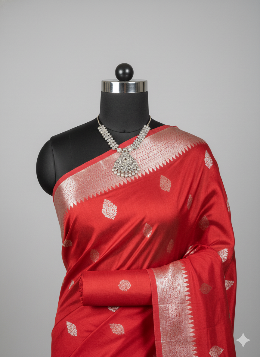Classic Vermilion Red Silk Saree with Elegant Silver Zari Work