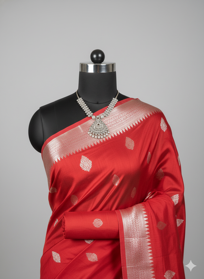 Classic Vermilion Red Silk Saree with Elegant Silver Zari Work