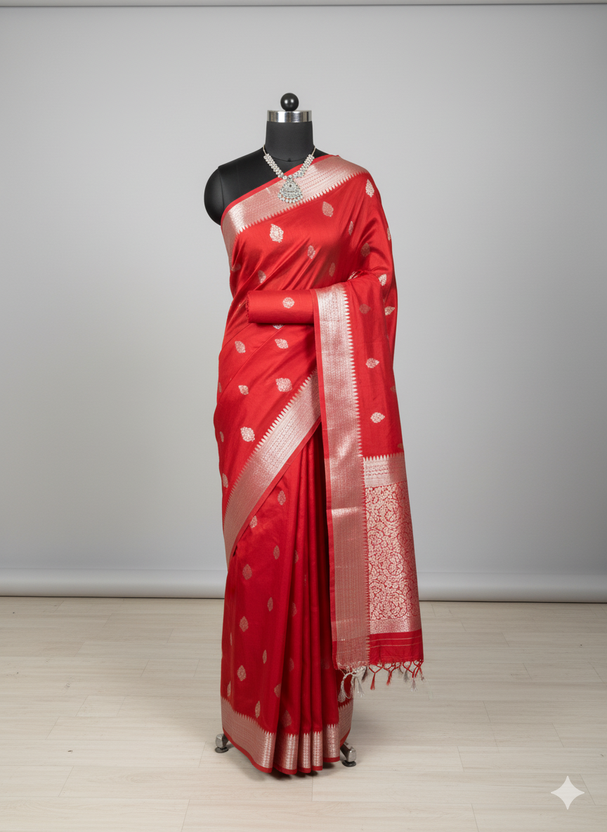 Classic Vermilion Red Silk Saree with Elegant Silver Zari Work