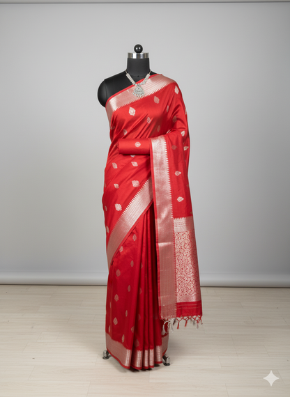 Classic Vermilion Red Silk Saree with Elegant Silver Zari Work