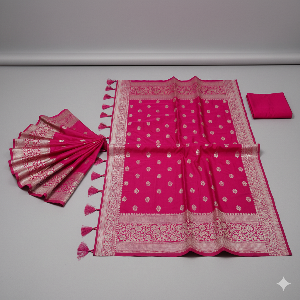 Spectacular Hot Pink Silk Saree with Luxurious Silver Zari Weave