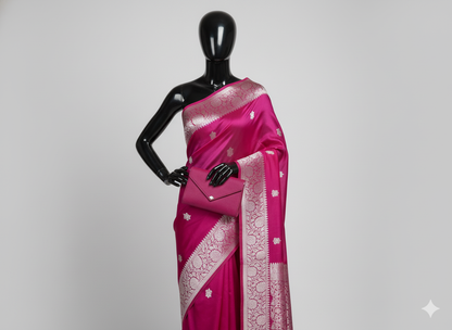 Spectacular Hot Pink Silk Saree with Luxurious Silver Zari Weave