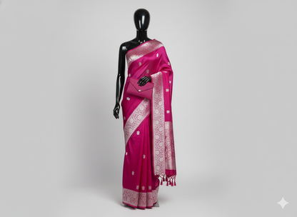 Spectacular Hot Pink Silk Saree with Luxurious Silver Zari Weave