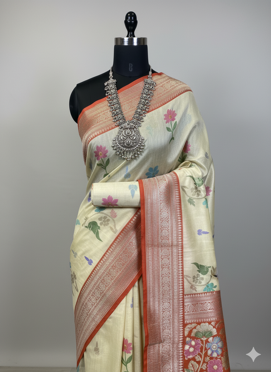 Elegant Cream Silk Saree with Floral and Bird Motifs and Russet Contrast Border