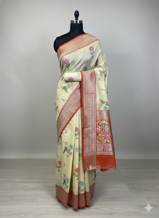 Elegant Cream Silk Saree with Floral and Bird Motifs and Russet Contrast Border