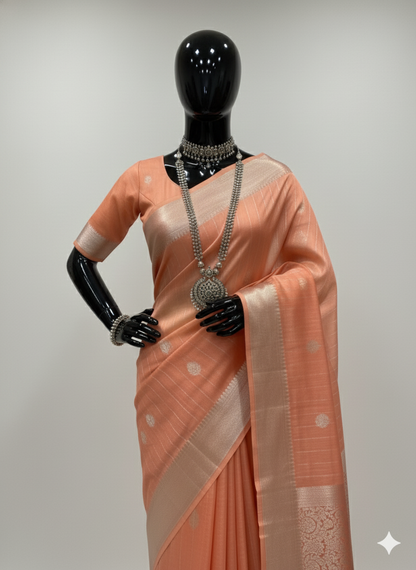 Captivating Light Peach Silk Saree with Elegant Silver Zari