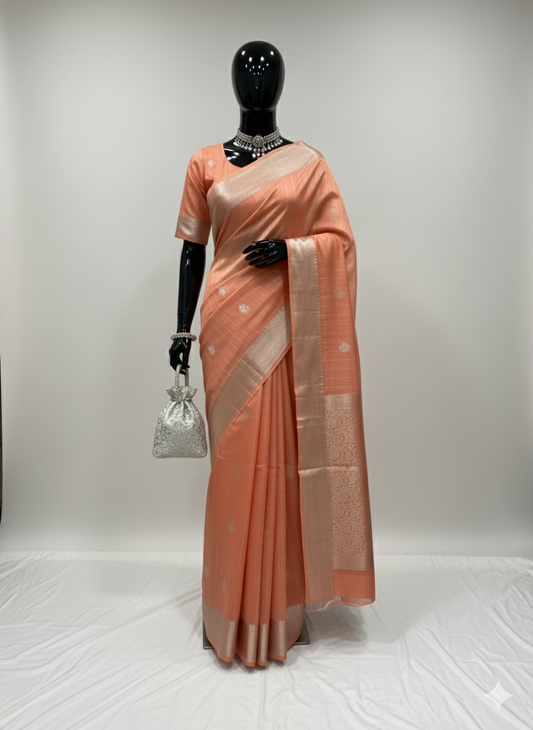 Captivating Light Peach Silk Saree with Elegant Silver Zari