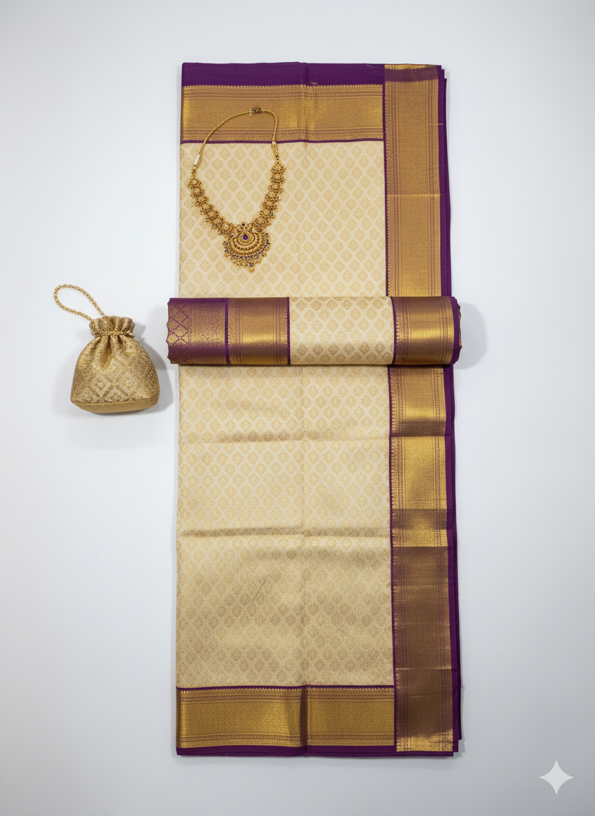 Royal Cream and Purple Silk Saree with Rich Gold Zari Work