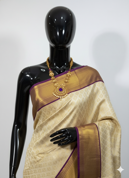 Royal Cream and Purple Silk Saree with Rich Gold Zari Work