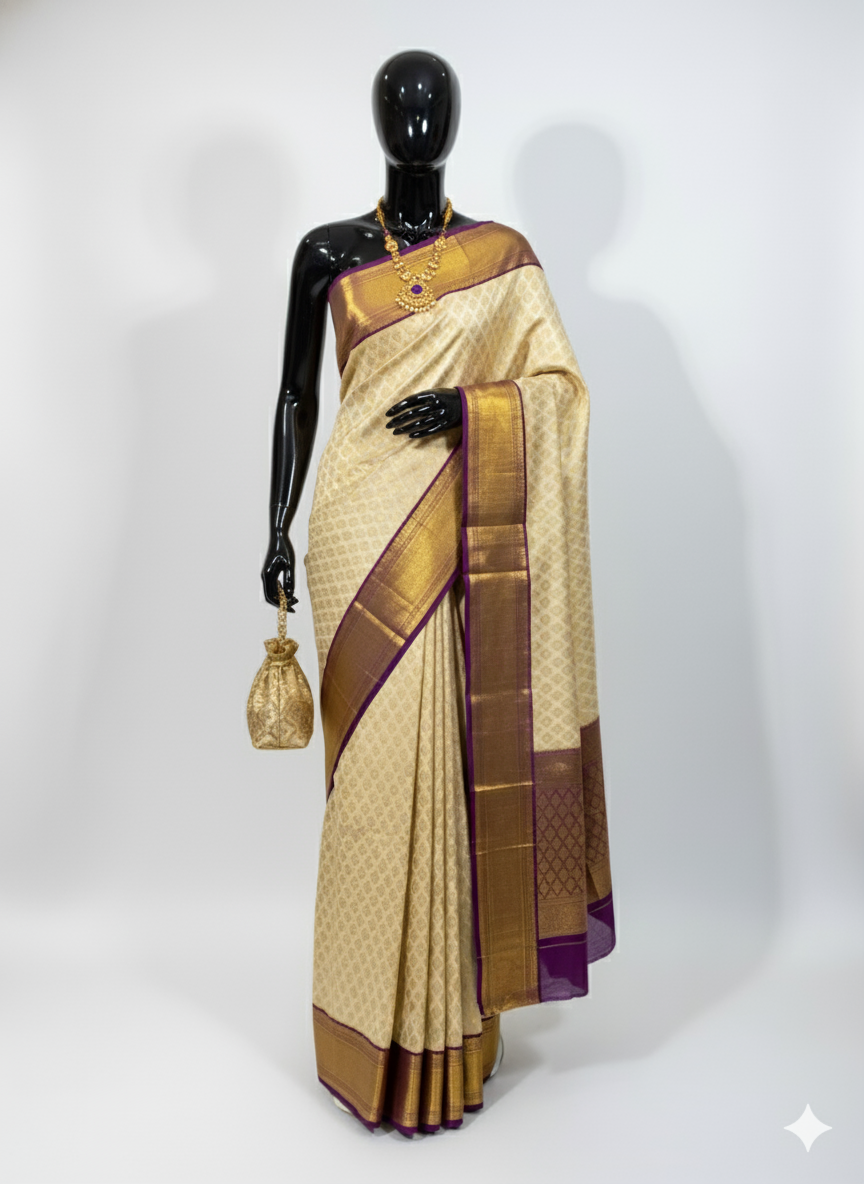 Royal Cream and Purple Silk Saree with Rich Gold Zari Work