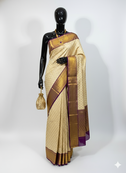 Royal Cream and Purple Silk Saree with Rich Gold Zari Work