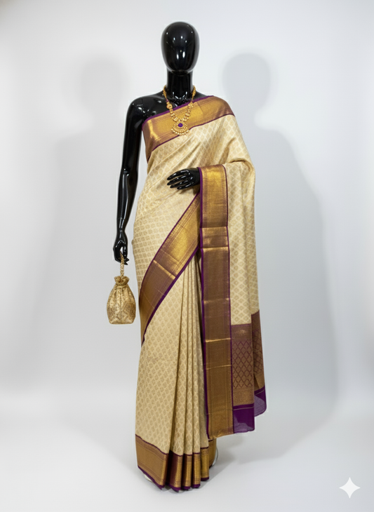 Royal Cream and Purple Silk Saree with Rich Gold Zari Work