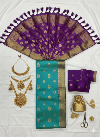 Captivating Teal Silk Saree with Purple Contrast and Rich Gold Zari