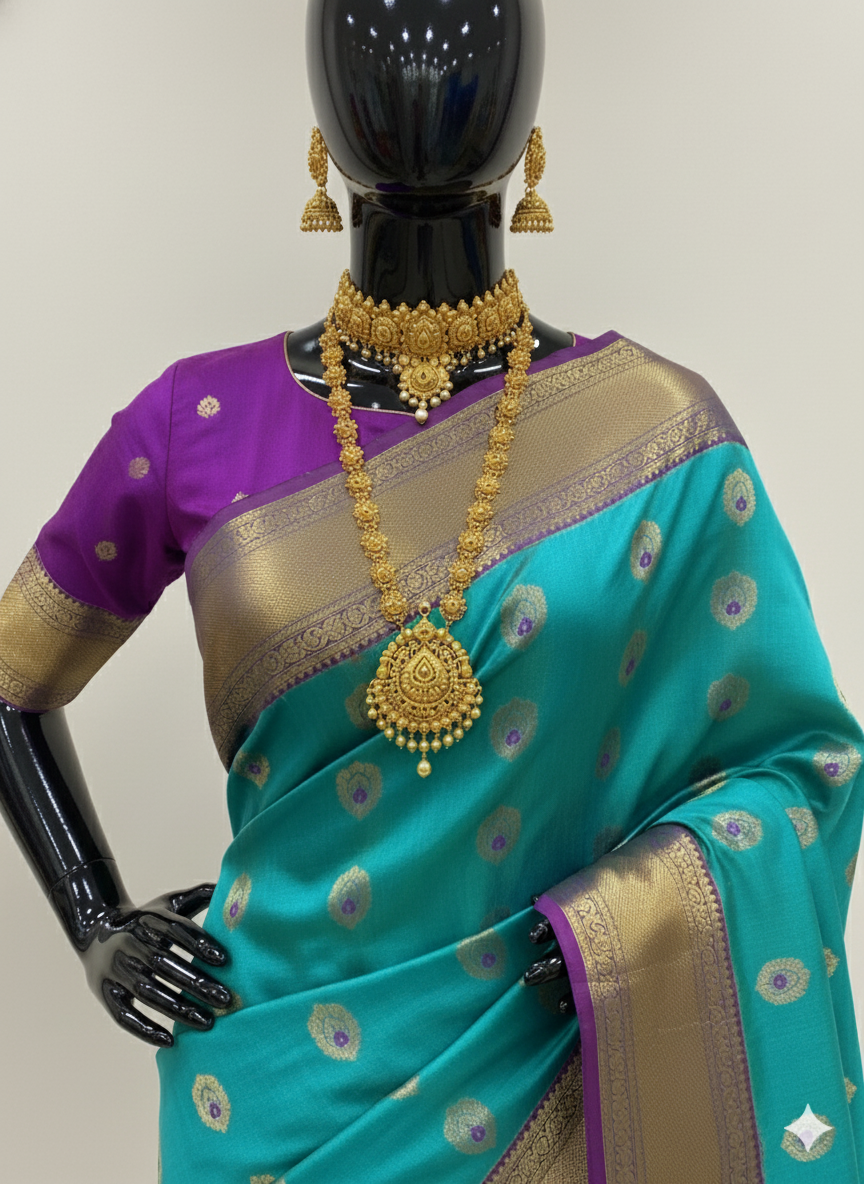 Captivating Teal Silk Saree with Purple Contrast and Rich Gold Zari