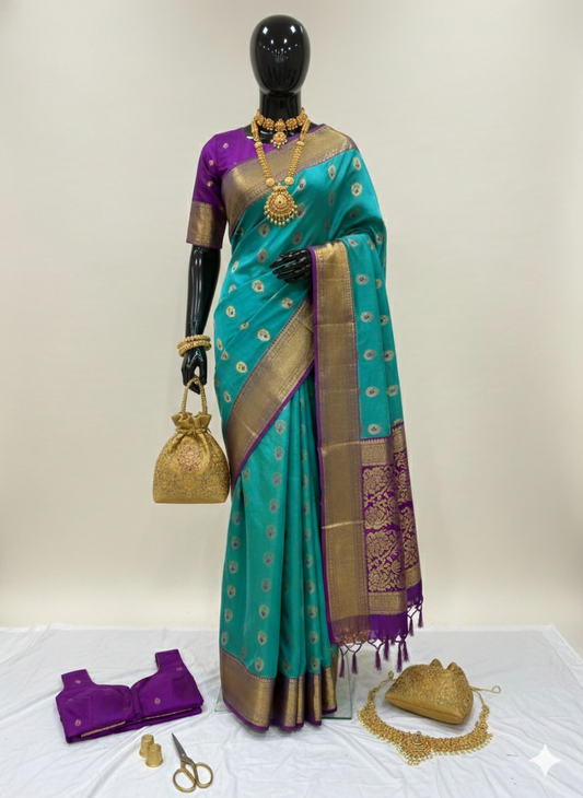 Captivating Teal Silk Saree with Purple Contrast and Rich Gold Zari