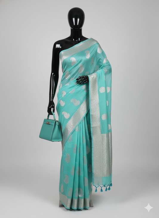 Elegant Aqua Blue Silk Saree with Shimmering Silver Zari Motifs