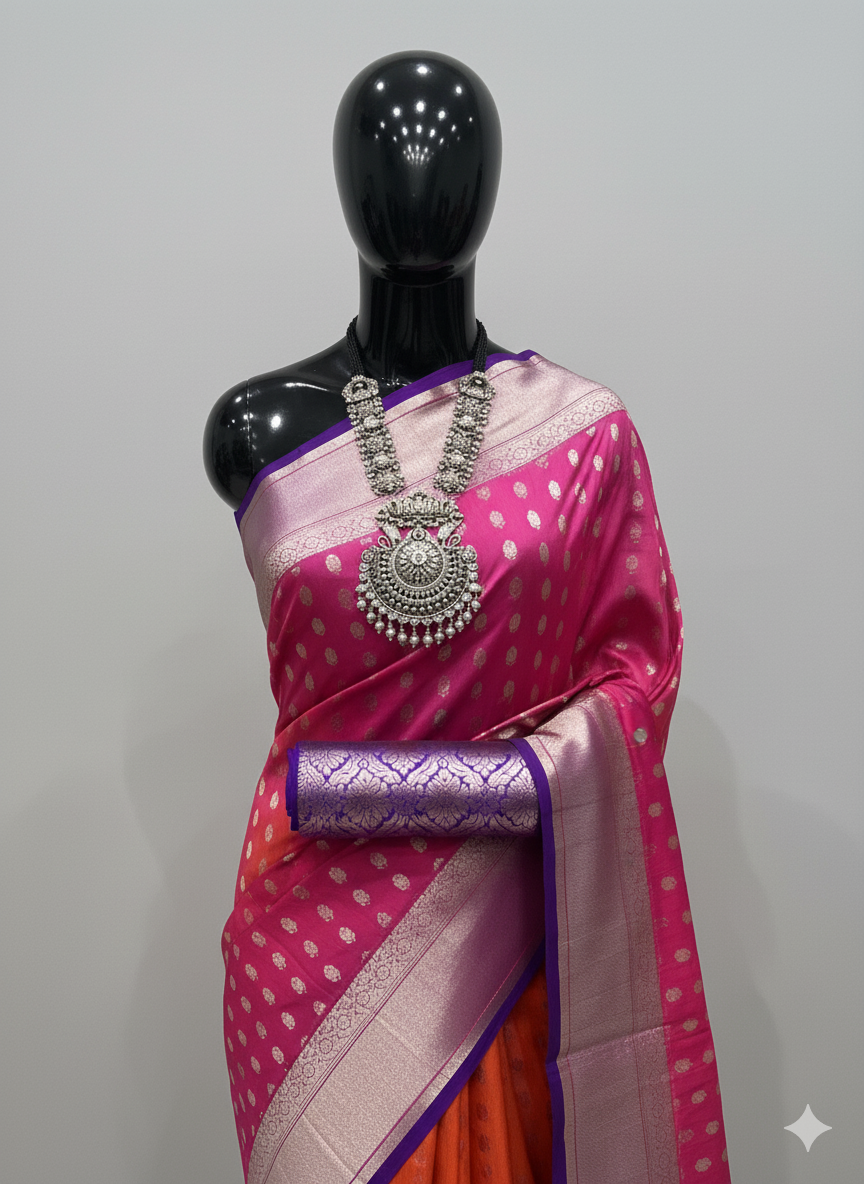 Vibrant Ombre Saree with Hot Pink, Orange, and Purple Contrasts