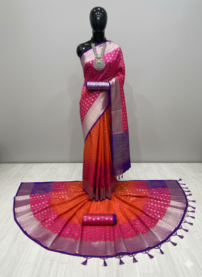 Vibrant Ombre Saree with Hot Pink, Orange, and Purple Contrasts