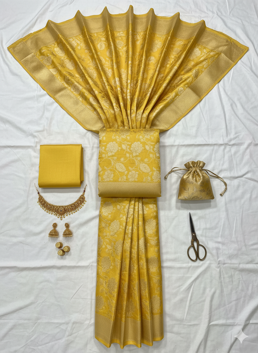Auspicious Haldi Yellow Silk Saree with All-Over Gold Weave and Matching Blouse