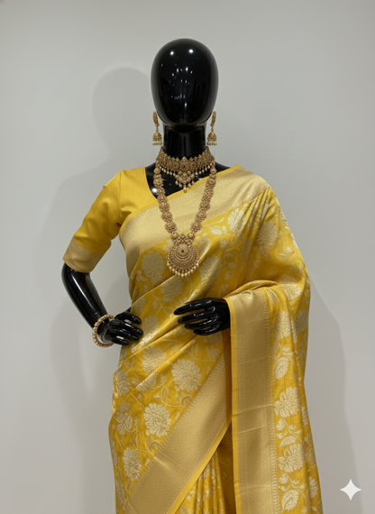 Auspicious Haldi Yellow Silk Saree with All-Over Gold Weave and Matching Blouse