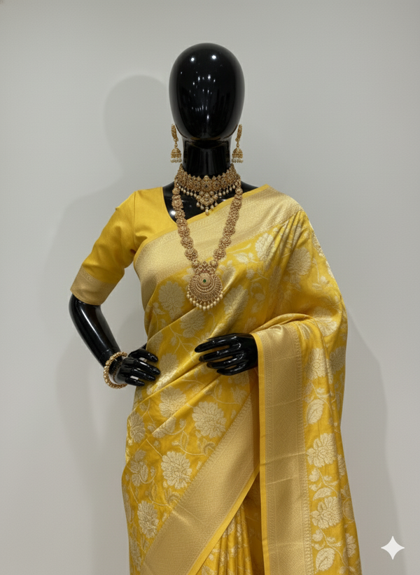 Auspicious Haldi Yellow Silk Saree with All-Over Gold Weave and Matching Blouse