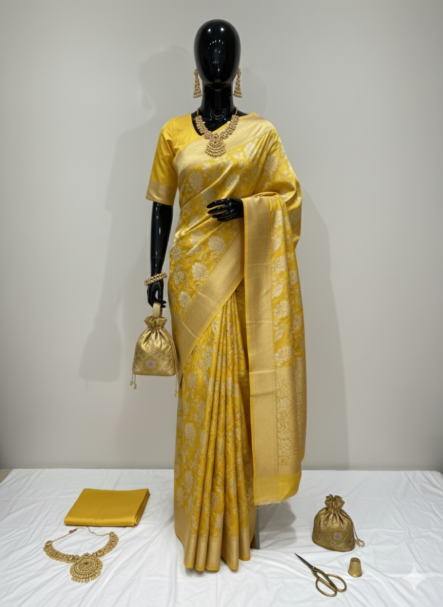 Auspicious Haldi Yellow Silk Saree with All-Over Gold Weave and Matching Blouse