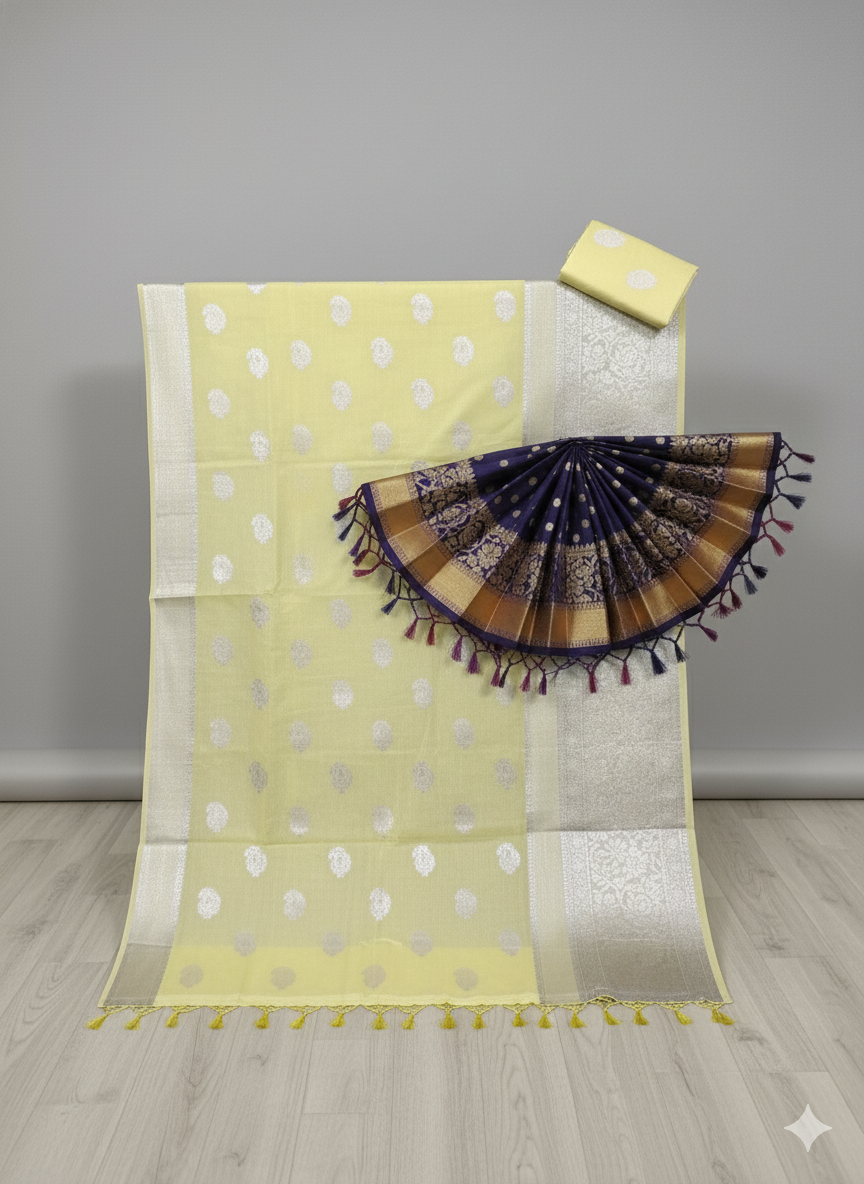 Soft Lemon Yellow Silk Saree with Grand Silver Zari Weaving