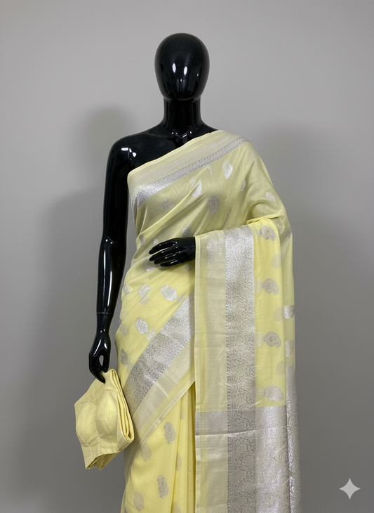 Soft Lemon Yellow Silk Saree with Grand Silver Zari Weaving