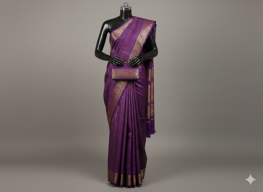Regal Deep Purple Silk Saree with Grand Gold Zari Stripes & Floral Border
