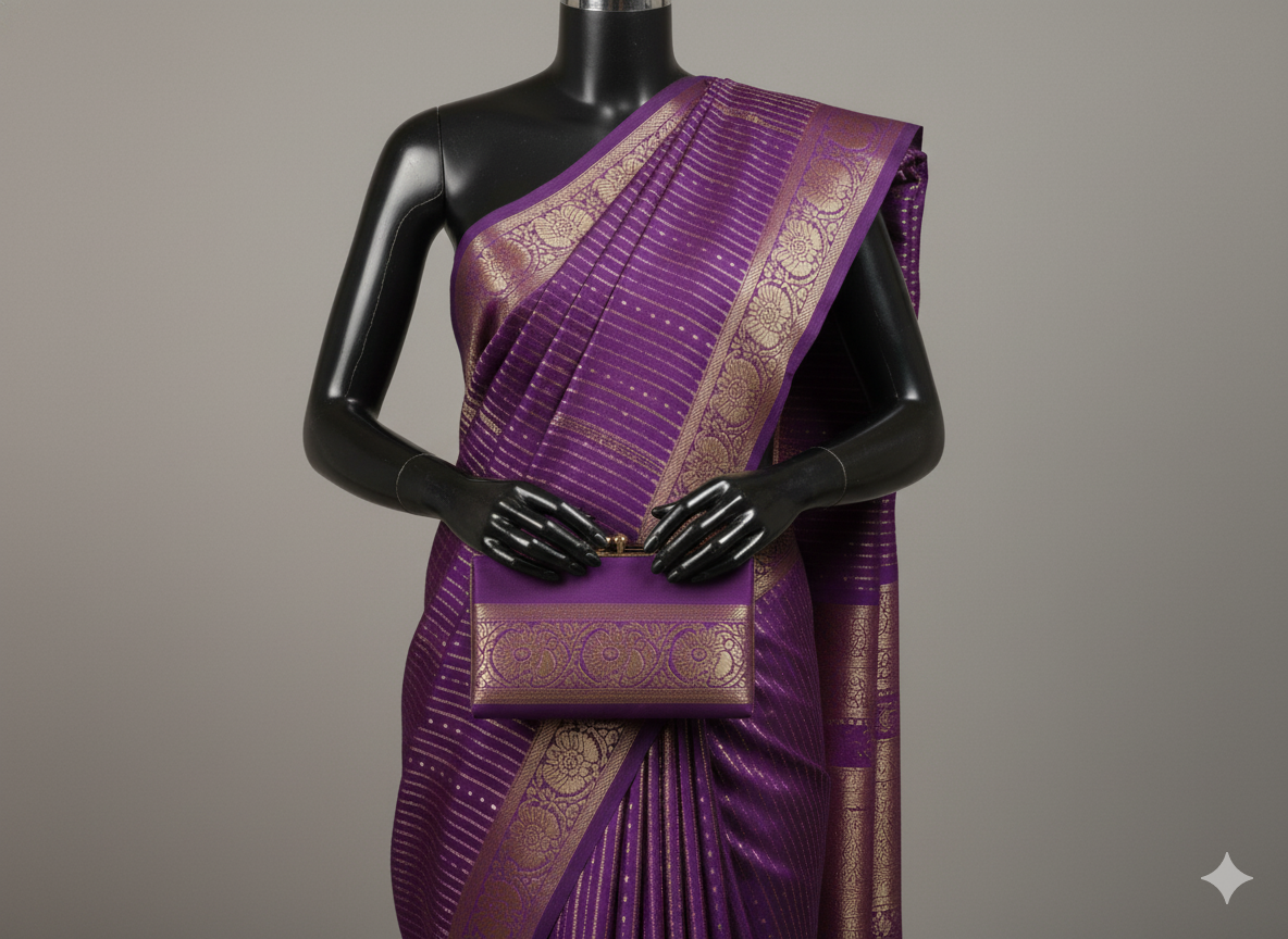 Regal Deep Purple Silk Saree with Grand Gold Zari Stripes & Floral Border