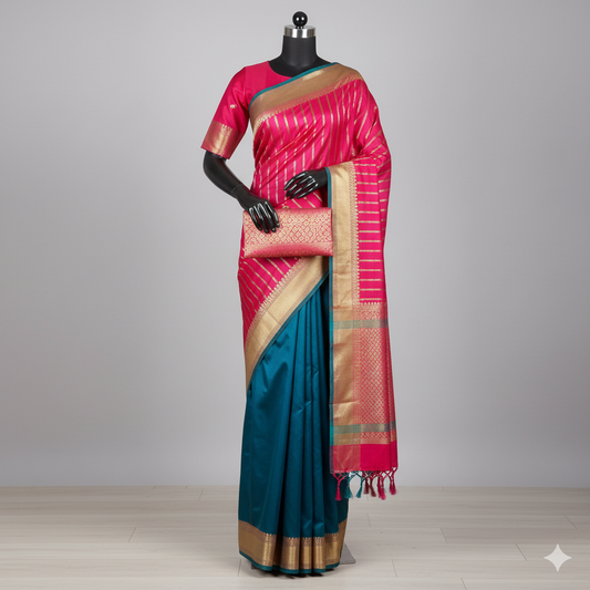 Captivating Pink & Teal Blue Silk Saree