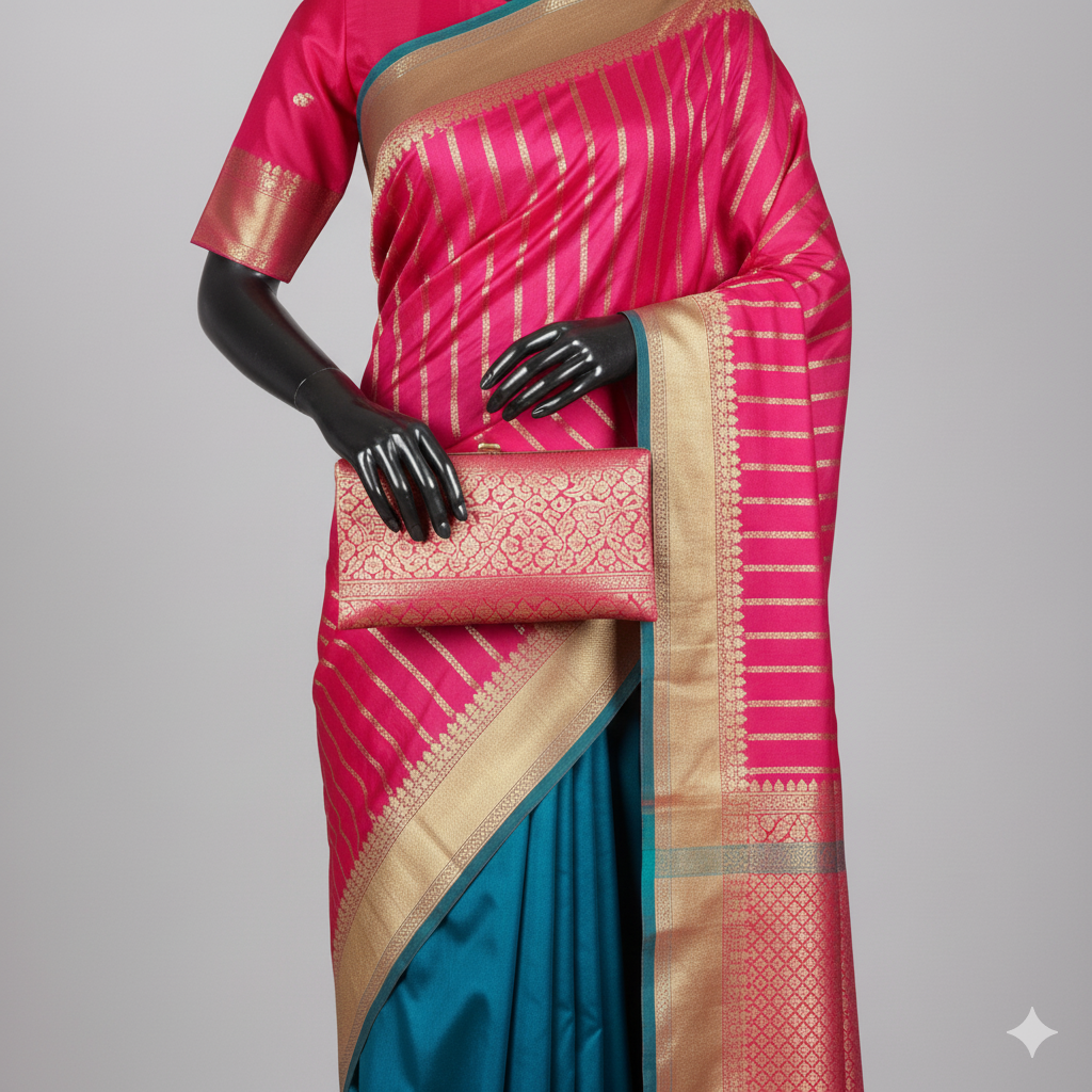 Captivating Pink & Teal Blue Silk Saree