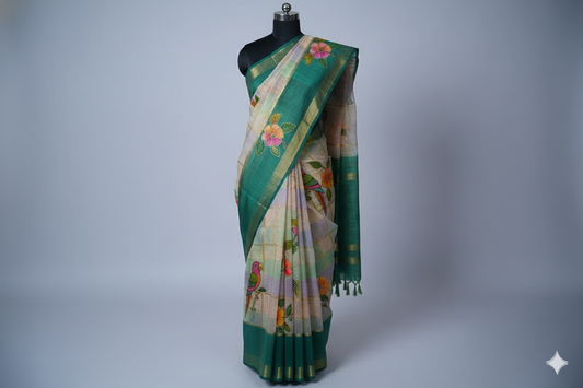 Charming Cream & Green Hand-Painted Saree