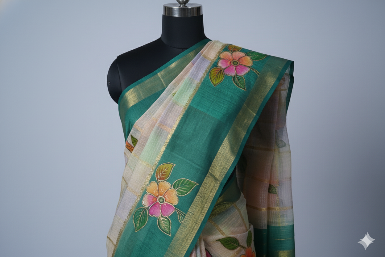 Charming Cream & Green Hand-Painted Saree