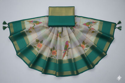 Charming Cream & Green Hand-Painted Saree