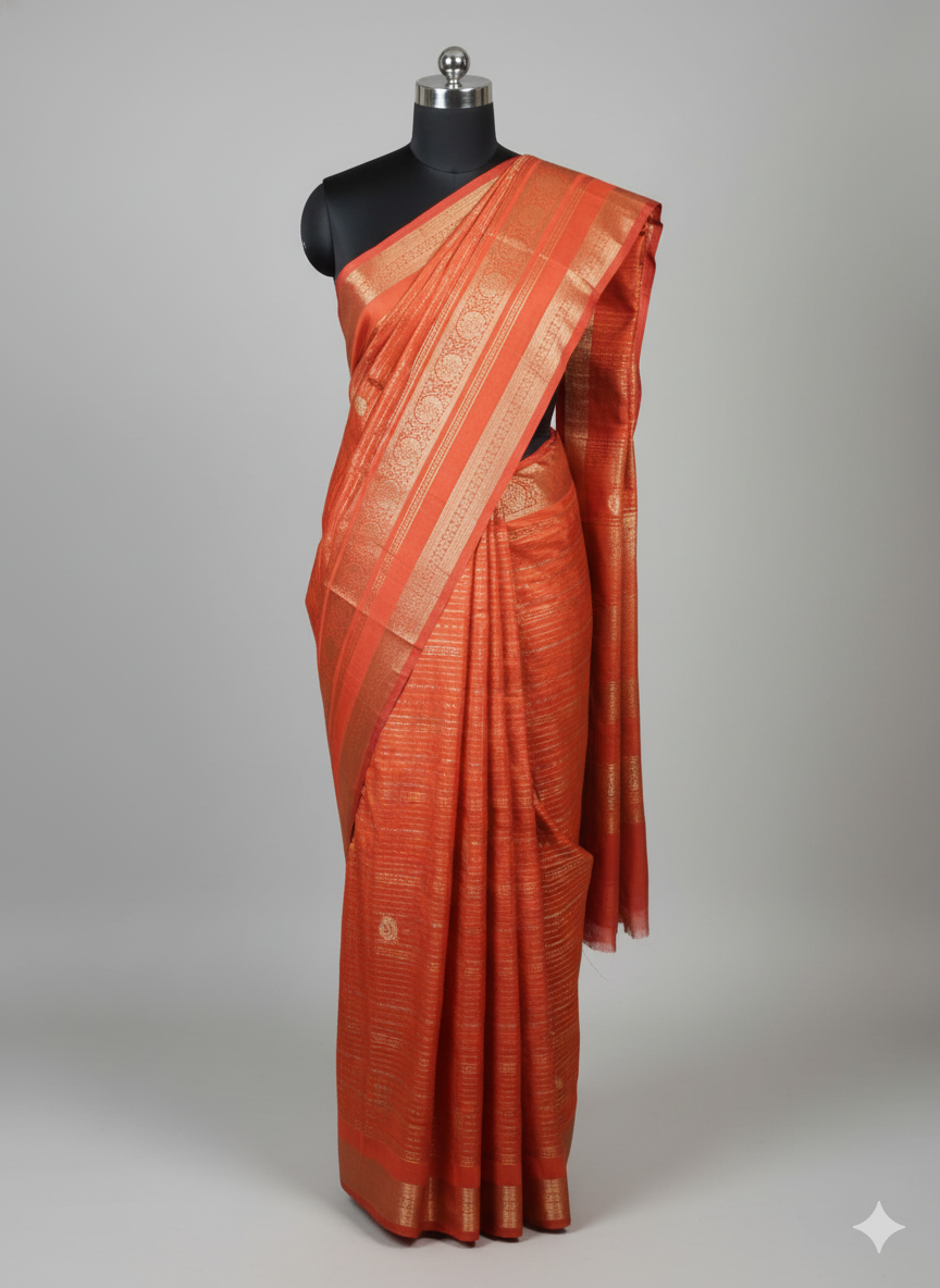 Radiant Coral Red Silk Saree