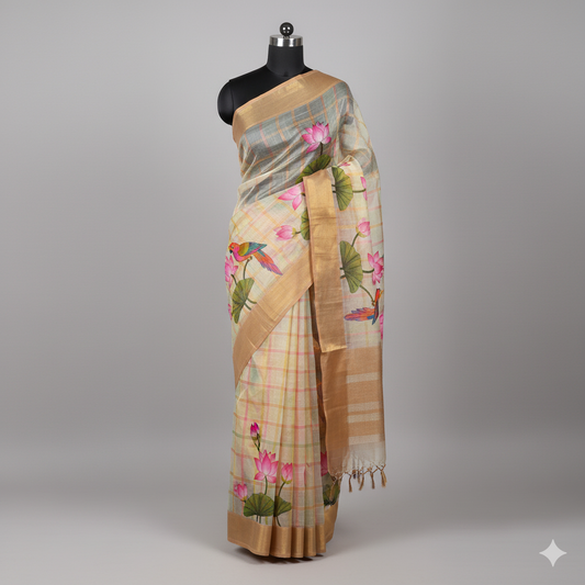 Charming Cream Checkered Linen Saree