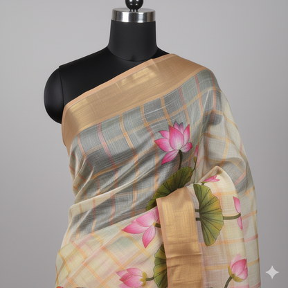 Charming Cream Checkered Linen Saree