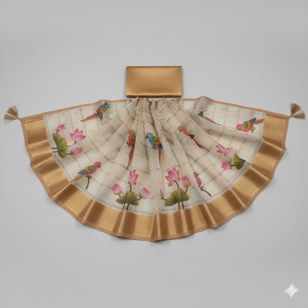 Charming Cream Checkered Linen Saree
