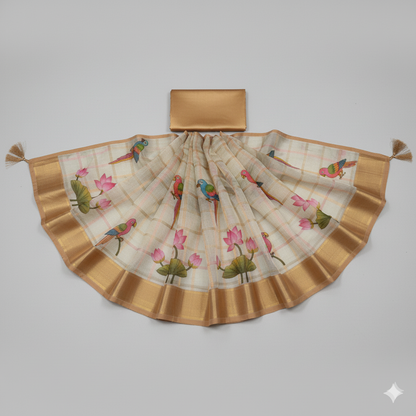 Charming Cream Checkered Linen Saree