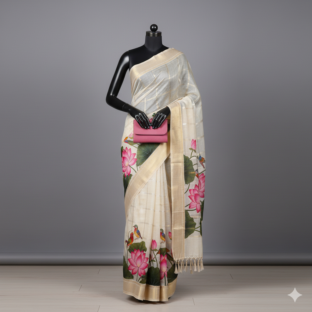 Exquisite Cream Linen-Silk Saree