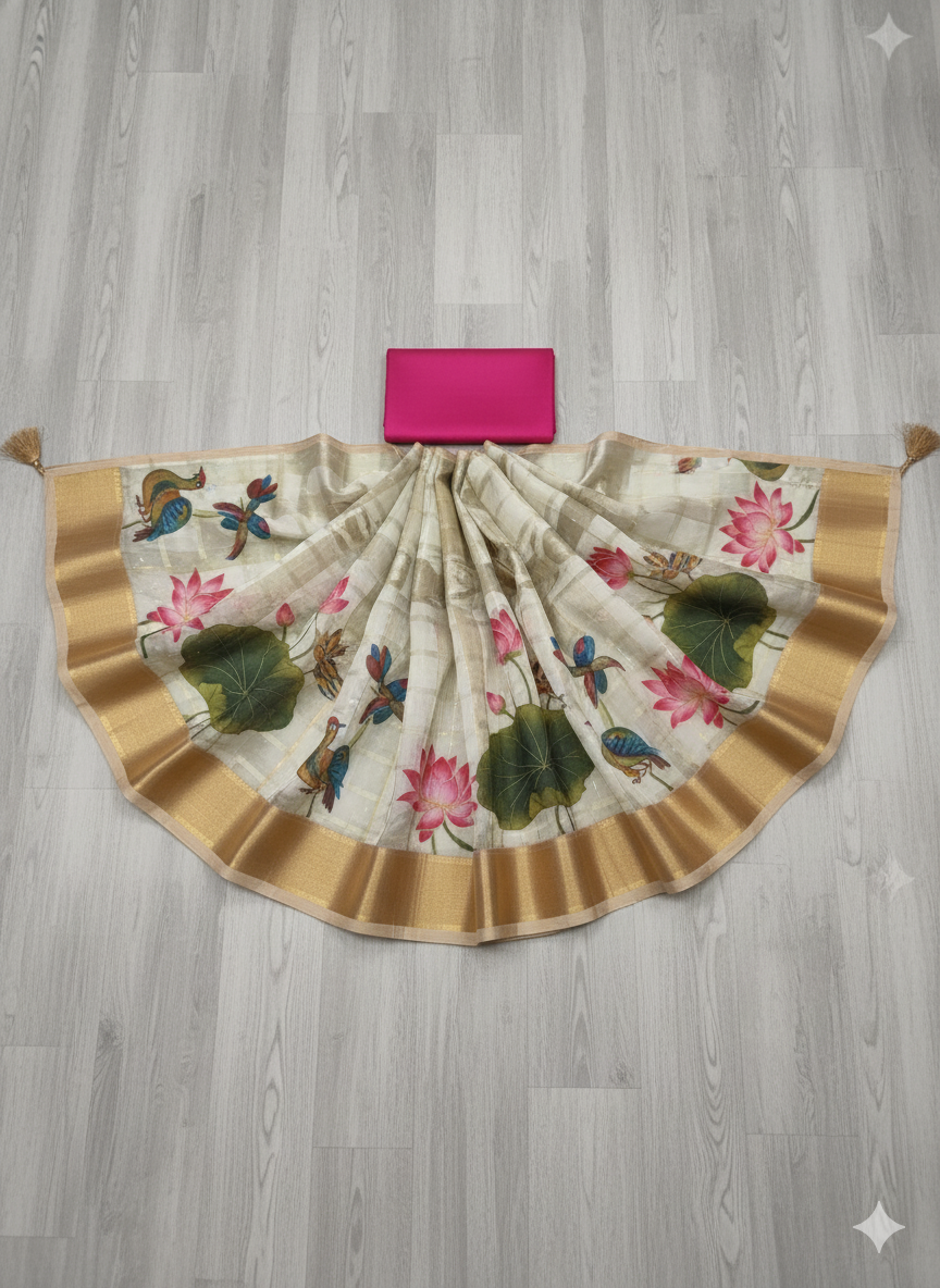 Exquisite Cream Linen-Silk Saree
