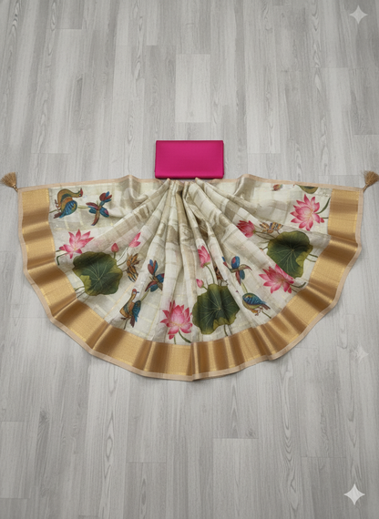 Exquisite Cream Linen-Silk Saree