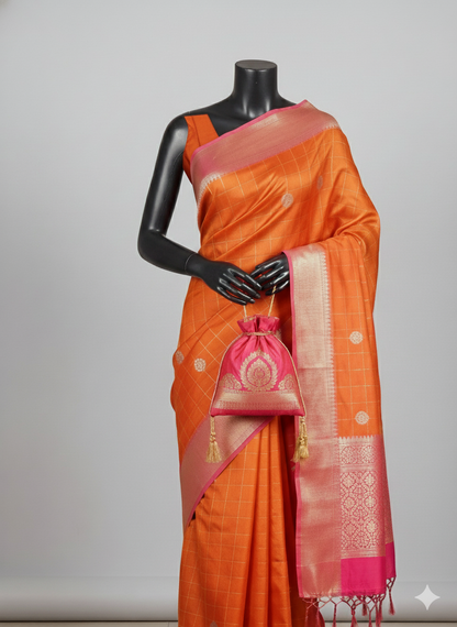 Stunning Orange & Pink Silk Saree