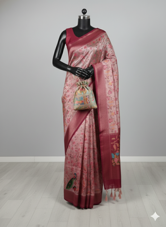 Exquisite Dusty Pink & Maroon Silk Saree